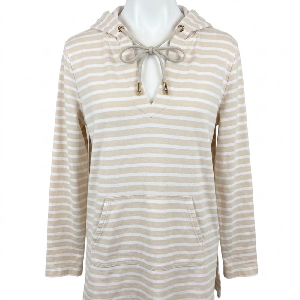 Tory Burch Beige and White Striped Pullover Hoodie Sweater - Size Medium